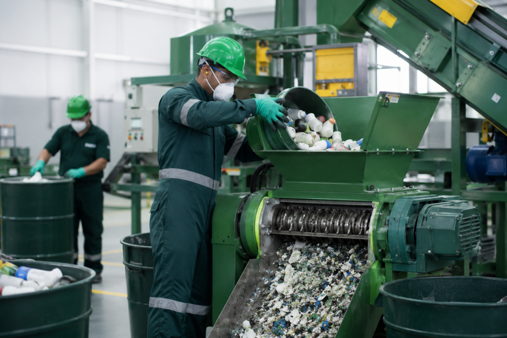 Operadores com EPIs realizando descaracterização e trituração de produtos em ambiente industrial da All Facilities